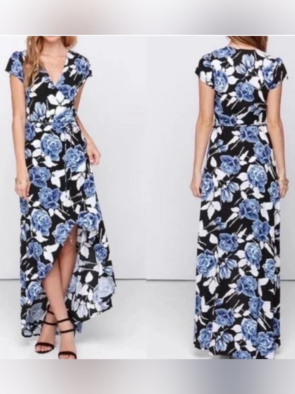 Faithfull the Brand LuLu hi-low wrap Maxi Dress with Blue and White Floral Print
